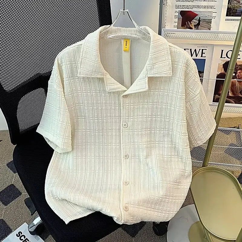 Retro Textured Cuban Collar Short Sleeve Shirt Men Loose Casual Stylish Top