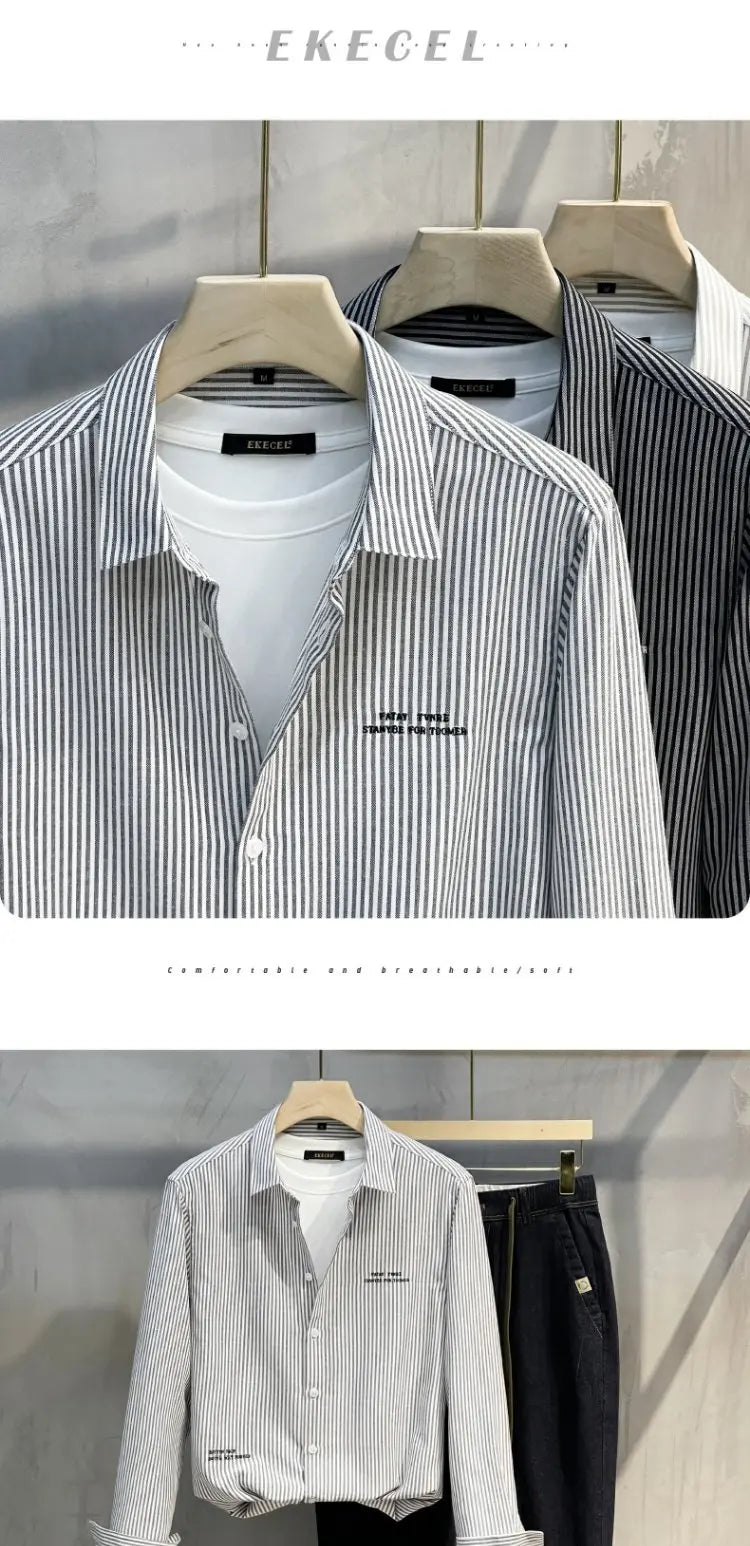 Men's Slim Fit Long Sve irt Trendy Striped Spring Autumn New Sle Casual Korean Japanese Sle Printed No Iron Treaent