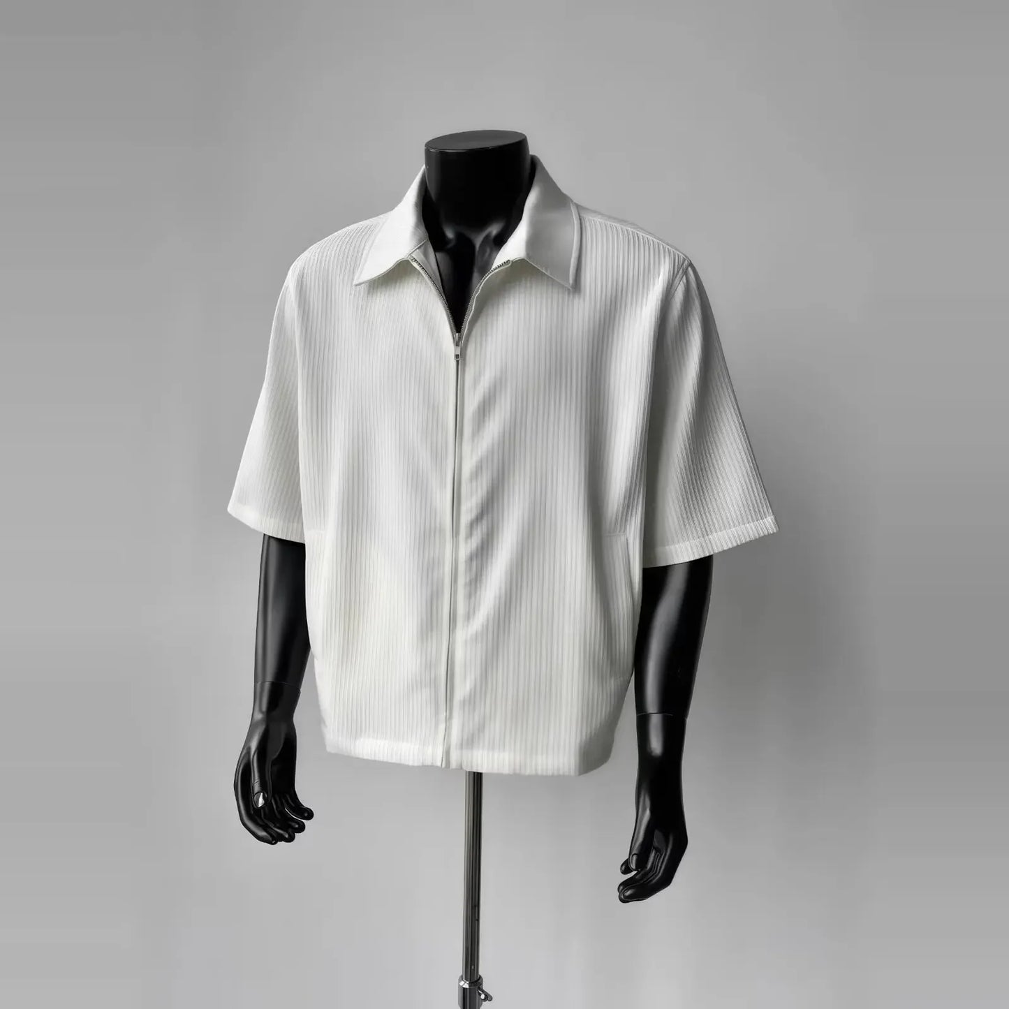 Summer Men's Texture Stripe Shirt Short Sleeve Zipper Jacket Boxy Fit Casual Korean Style Half Sleeve Korean Style Shirt