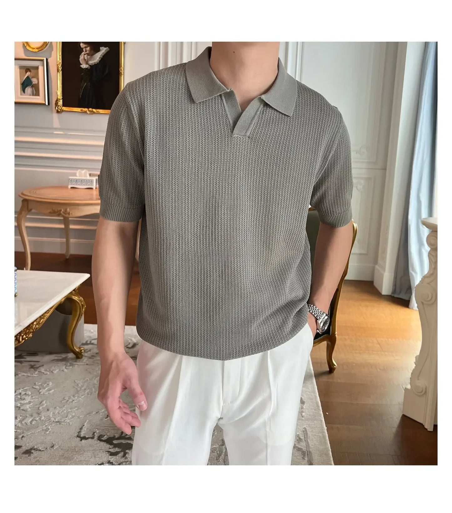 Summer Casual Polo Shirt Short Sleeve Knitted Pure Color Breathable Retro Wave Texture Men's Turn-down Collar Top