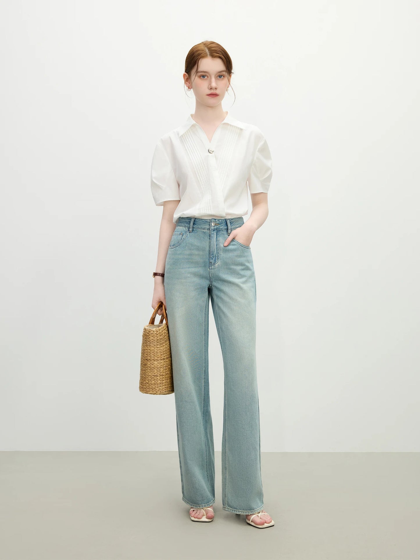 FSLE Washed Distressed High Waist Straight Jeans for Women 2025 Summer New Slim Fit Versatile Casual Slim Chic Pants 25FS12292