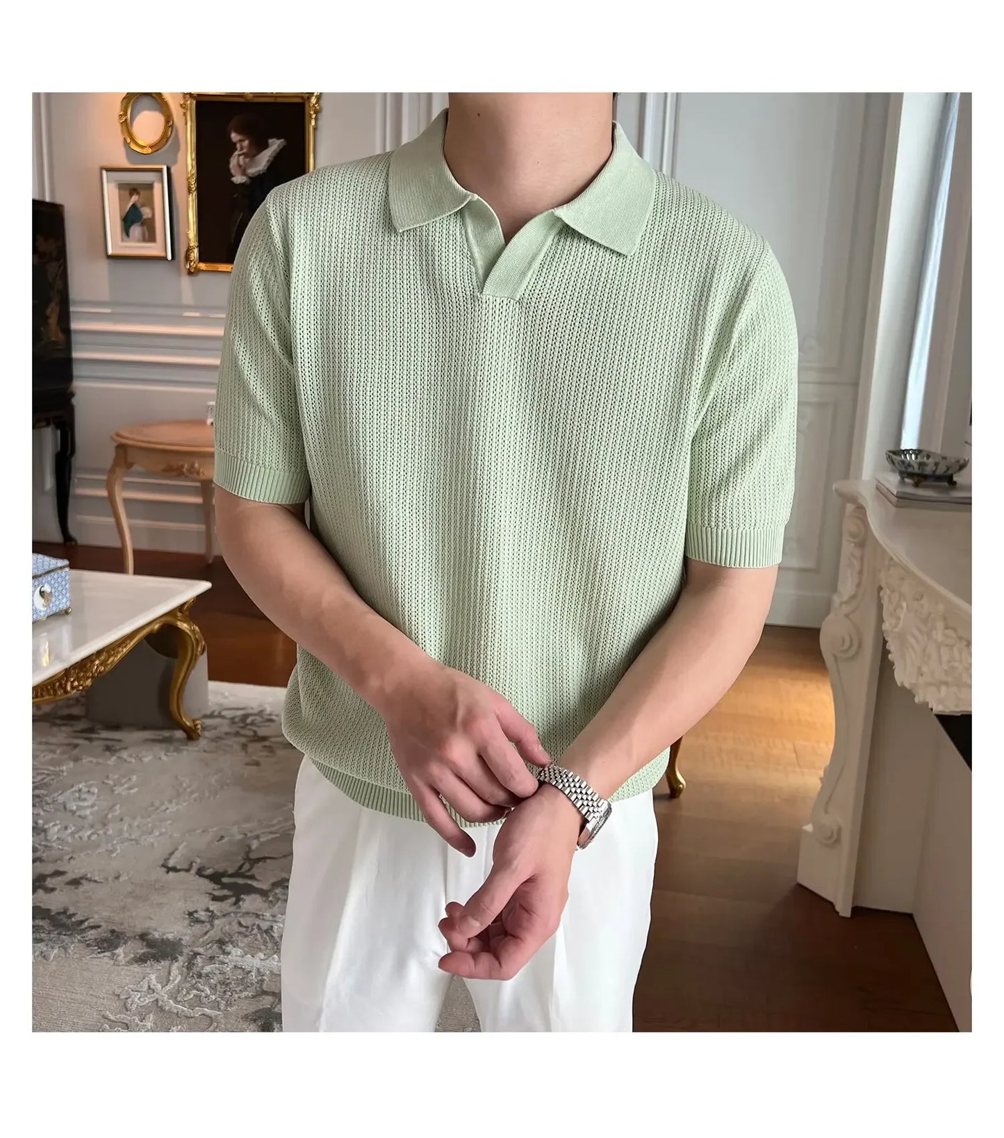 Summer Casual Polo Shirt Short Sleeve Knitted Pure Color Breathable Retro Wave Texture Men's Turn-down Collar Top