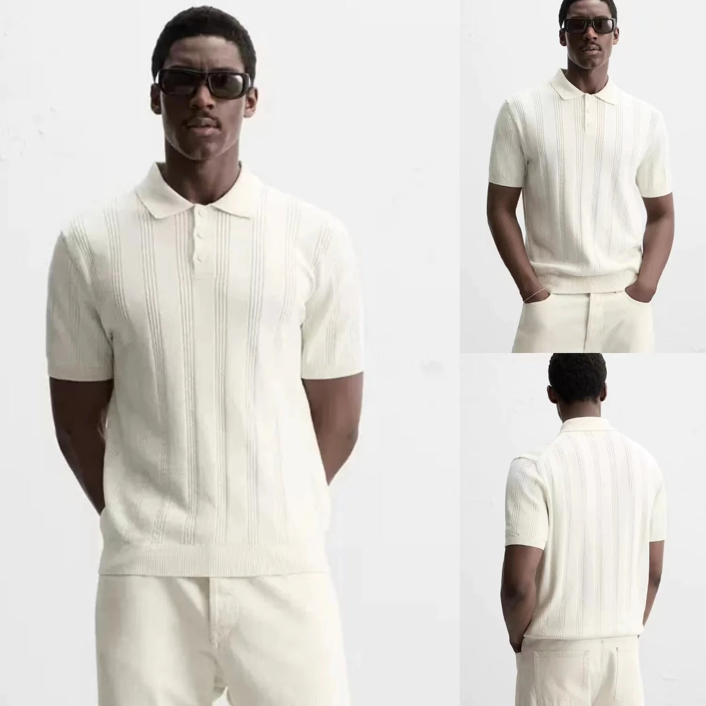 Summer New Men's Slim Fit Straight Knitted ort Sve  irt Youth Faion Stand Sle Busin Casual Pure Color