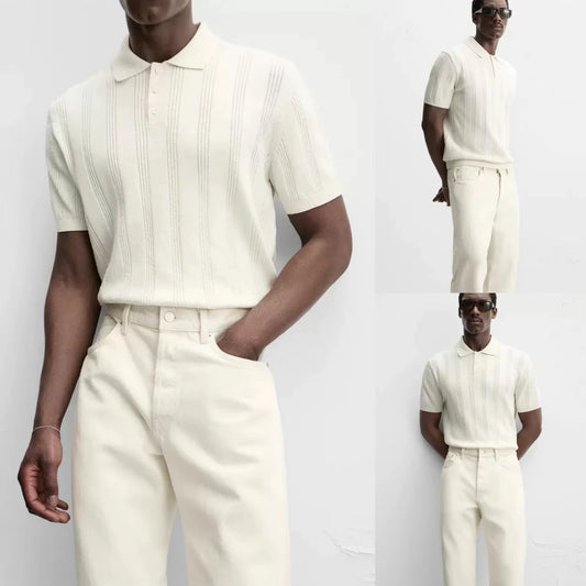Summer New Men's Slim Fit Straight Knitted ort Sve  irt Youth Faion Stand Sle Busin Casual Pure Color