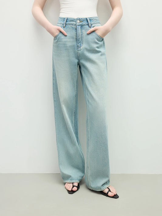 FSLE Washed Distressed High Waist Straight Jeans for Women 2025 Summer New Slim Fit Versatile Casual Slim Chic Pants 25FS12292