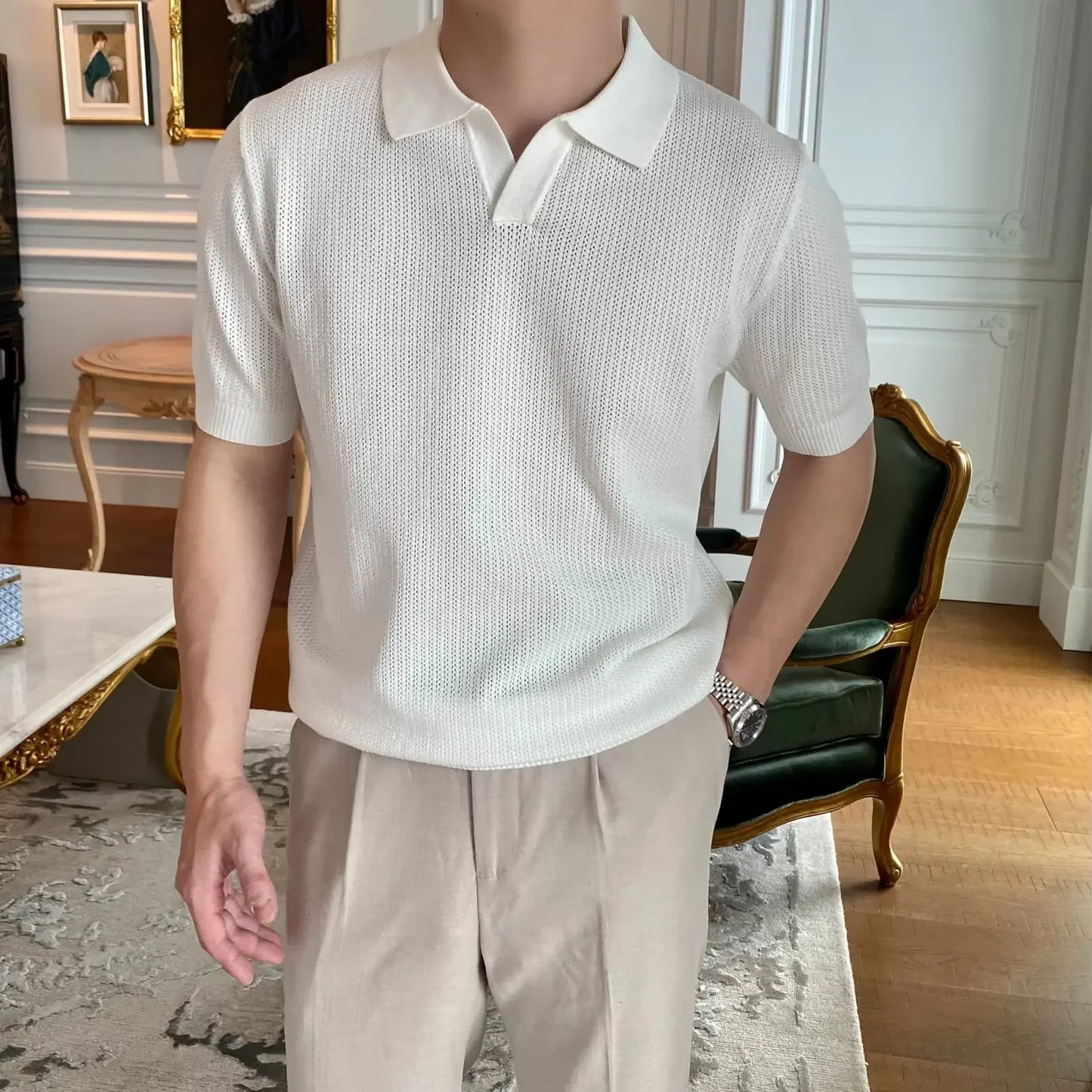 Summer Casual Polo Shirt Short Sleeve Knitted Pure Color Breathable Retro Wave Texture Men's Turn-down Collar Top