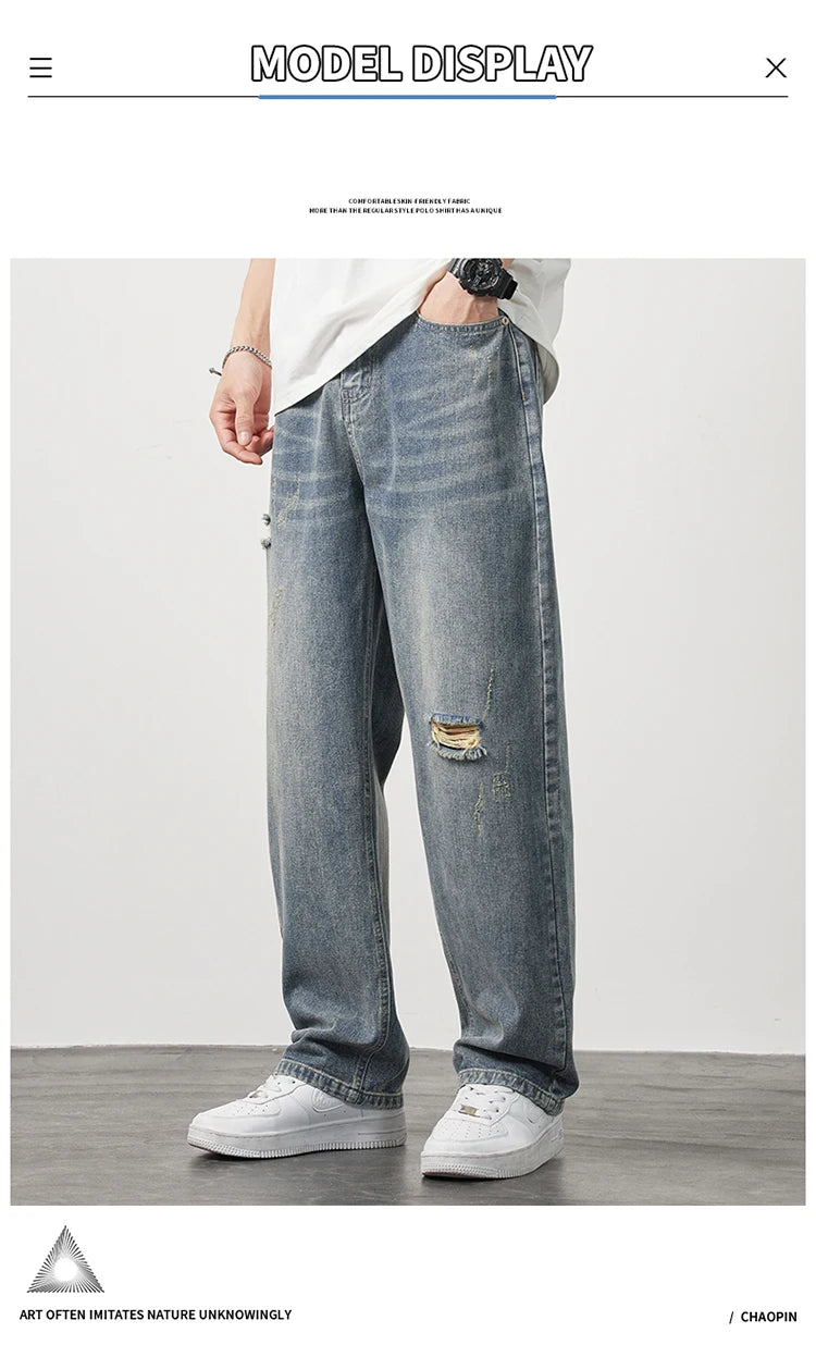 Korea Baggy torn holey ripped Jeans Men Vintage  Y2k Pants Fashion Frayed High Street Distressed Denim Trousers loose thin Male