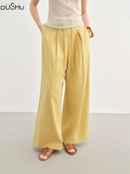 DUSHU Women Linen Drawstring Wide-leg Pants 2025 Summer New Cotton Knitted Drape Loose High Waist Slim Casual Pants 25DS82737