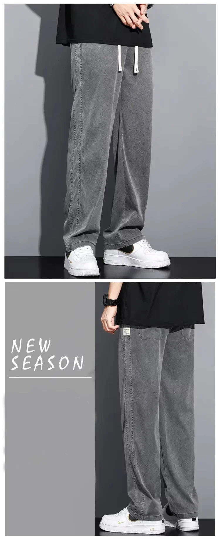2025 New Summer Soft Lyocell Fabric Men's Jeans Thin Loose Straight Pants Drawstring Elastic Waist Korea Casual Trousers