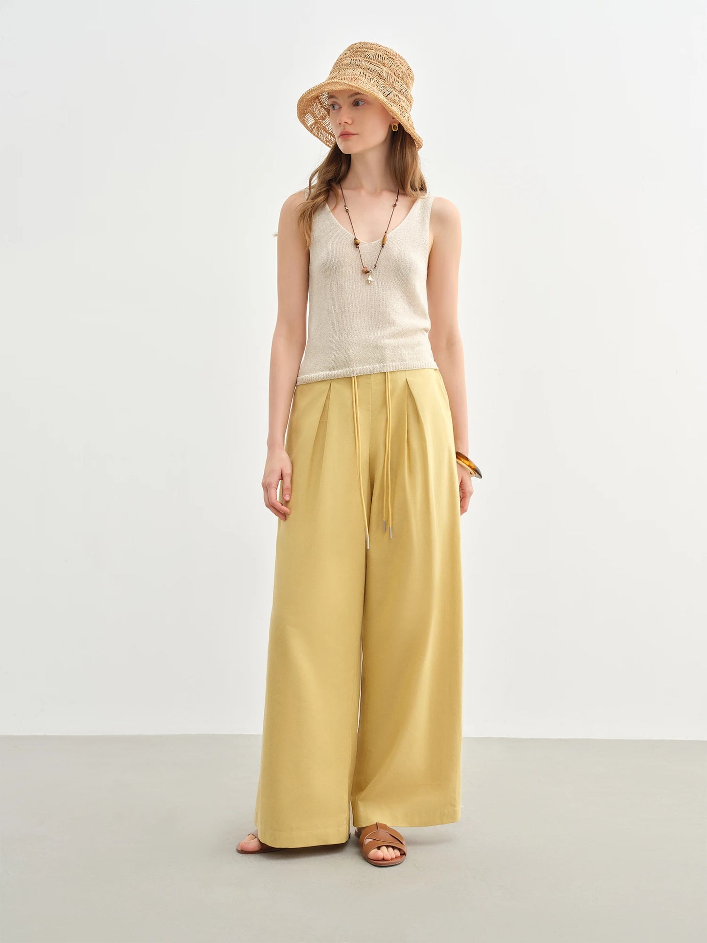 DUSHU Women Linen Drawstring Wide-leg Pants 2025 Summer New Cotton Knitted Drape Loose High Waist Slim Casual Pants 25DS82737