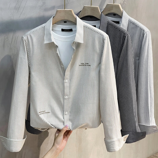 Men's Slim Fit Long Sve irt Trendy Striped Spring Autumn New Sle Casual Korean Japanese Sle Printed No Iron Treaent