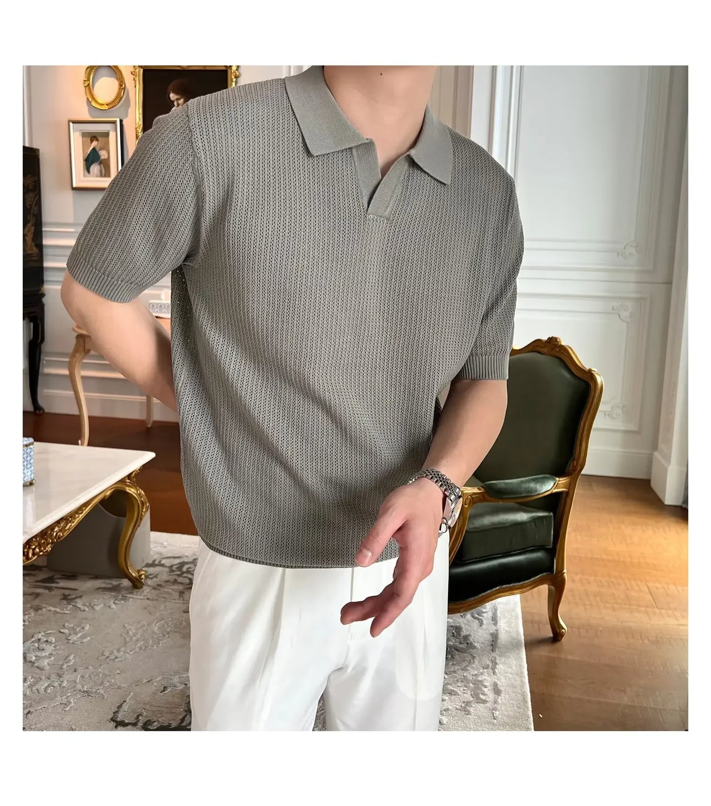Summer Casual Polo Shirt Short Sleeve Knitted Pure Color Breathable Retro Wave Texture Men's Turn-down Collar Top