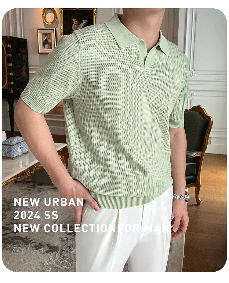 Summer Casual Polo Shirt Short Sleeve Knitted Pure Color Breathable Retro Wave Texture Men's Turn-down Collar Top