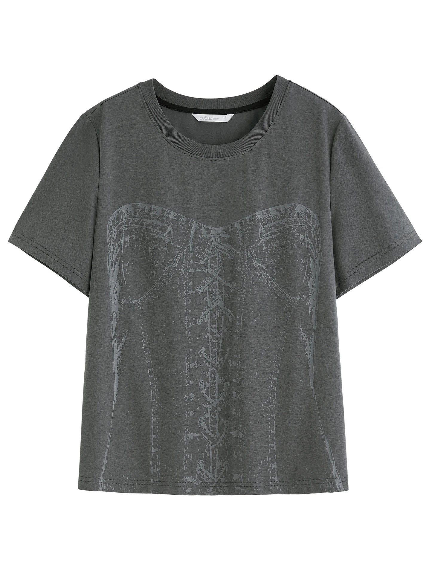 DUSHU Plus-Size Women Slogan Print Round-Neck Knit T-Shirt 2025 Summer Collection Slimming Design Simple Top for Women 25DS82213