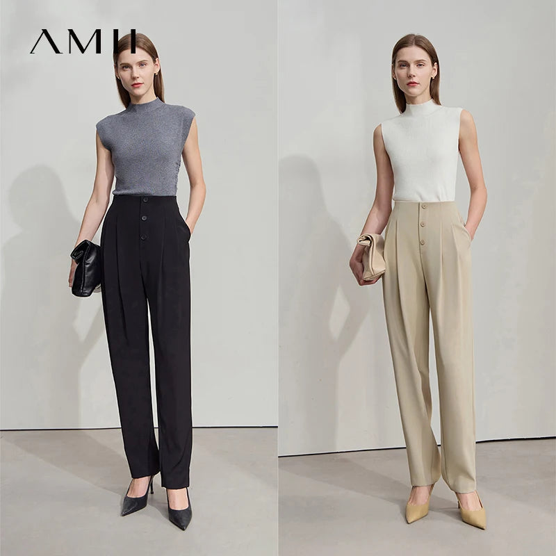 AMII Women Trousers Minimalist New Summer Commuting Solid Mid Rise Pantalones Cooling Sunscreen Tapered Casual Pants 12522036