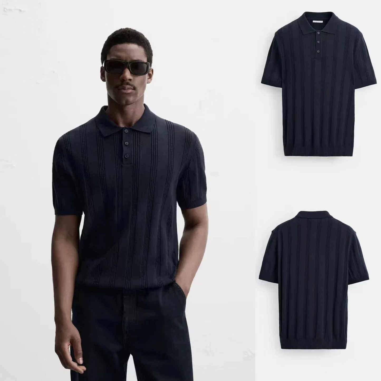 Summer New Men's Slim Fit Straight Knitted ort Sve  irt Youth Faion Stand Sle Busin Casual Pure Color