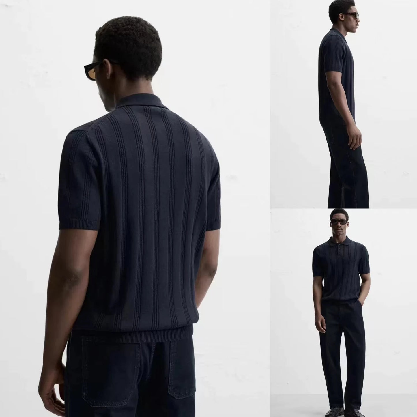 Summer New Men's Slim Fit Straight Knitted ort Sve  irt Youth Faion Stand Sle Busin Casual Pure Color