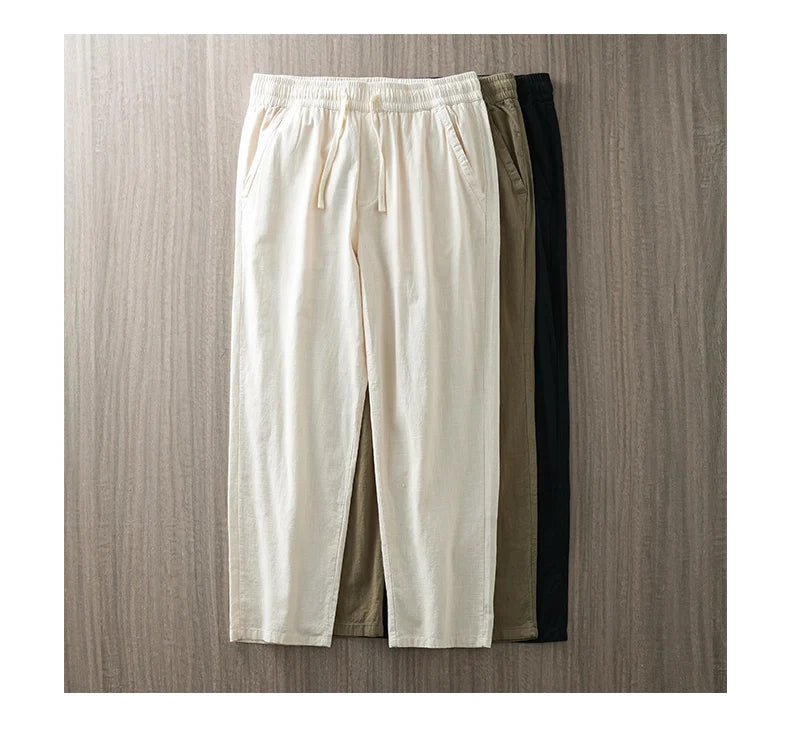 DUKEEN Breathable Linen Pants Men 2025 Summer Fashion Thin Ankle-Length Pants Elastic Waist Straight-Leg Men's Clothing