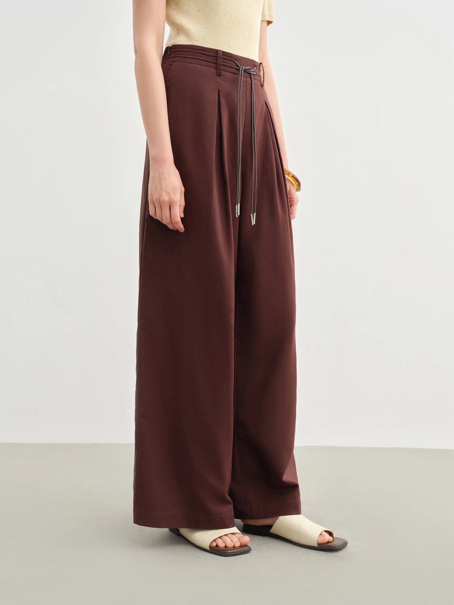 DUSHU Women Linen Drawstring Wide-leg Pants 2025 Summer New Cotton Knitted Drape Loose High Waist Slim Casual Pants 25DS82737